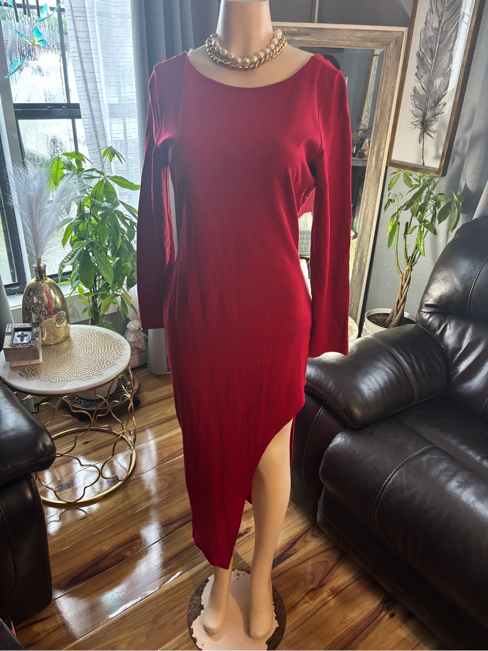 Red Asymmetric Long Sleeve Women’s Dress